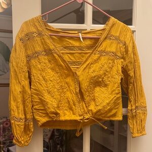 Free People Women's Mustard Yellow Embroidered Top